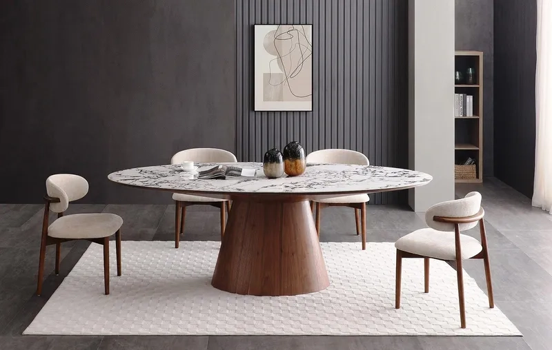 Bàn ăn bầu dục kết hợp mặt kính thanh lịch và dễ vệ sinh