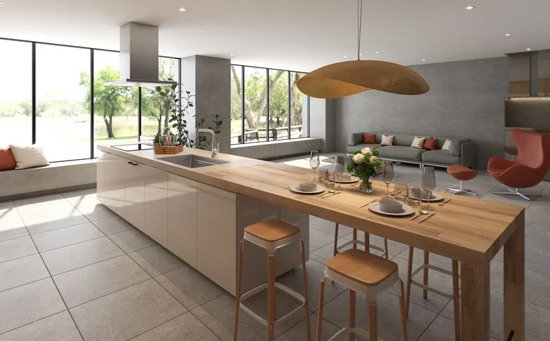 Không gian sang trọng với đảo bếp kết hợp bàn ăn hiện đại sang trọng