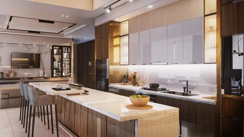 Giải pháp tiện ích nhờ quầy bar ngăn bếp và phòng khách tiện ích