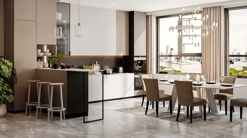 Sang trọng đẳng cấp cùng quầy bar ngăn bếp và phòng khách sang trọng