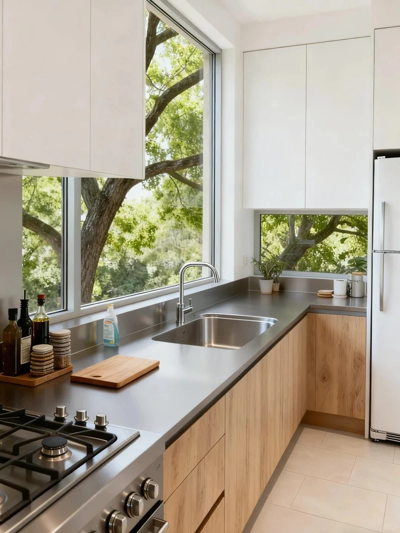 Cảm giác ấm cúng từ tủ bếp Acrylic màu vân gỗ