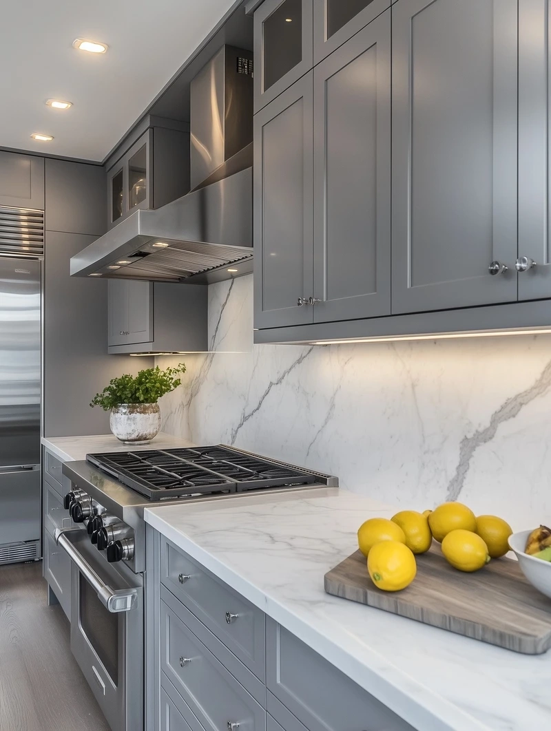 Không gian bếp tinh tế với tủ bếp màu ghi đẹp