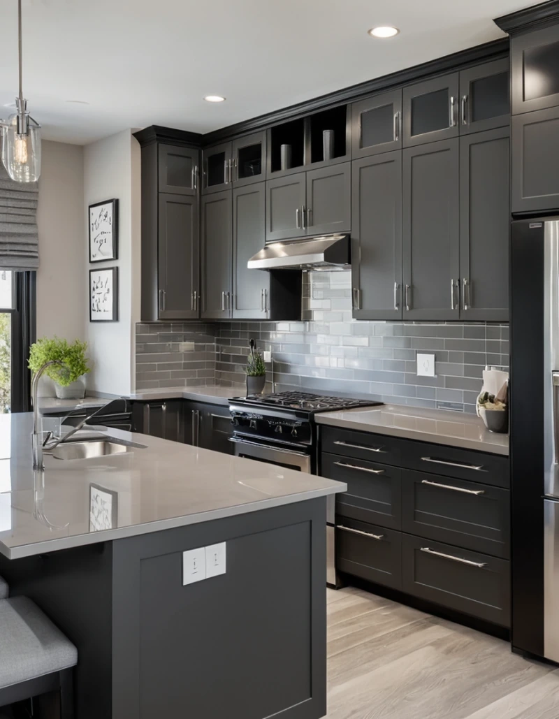 Phong cách thời thượng với tủ bếp màu ghi xám
