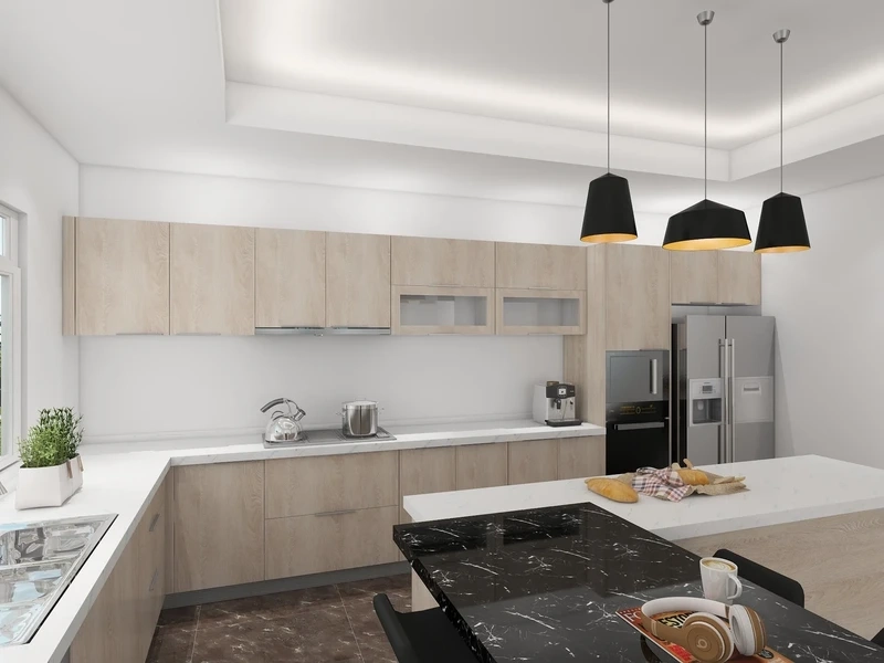 Không gian bếp hài hòa với tủ bếp melamine đẹp