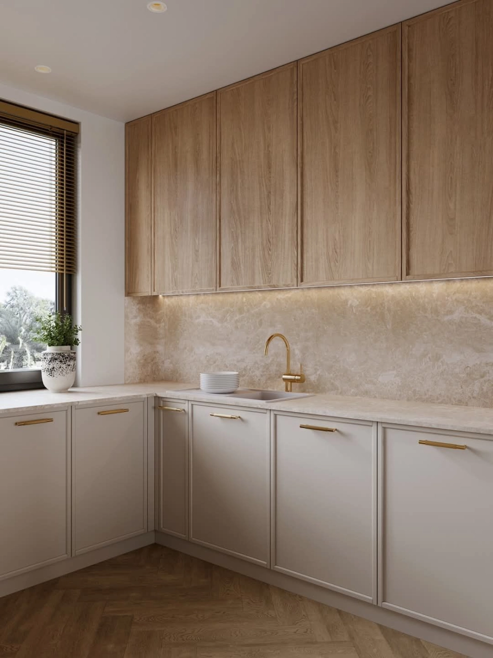 Tủ bếp màu kem tạo không gian bếp ấm áp