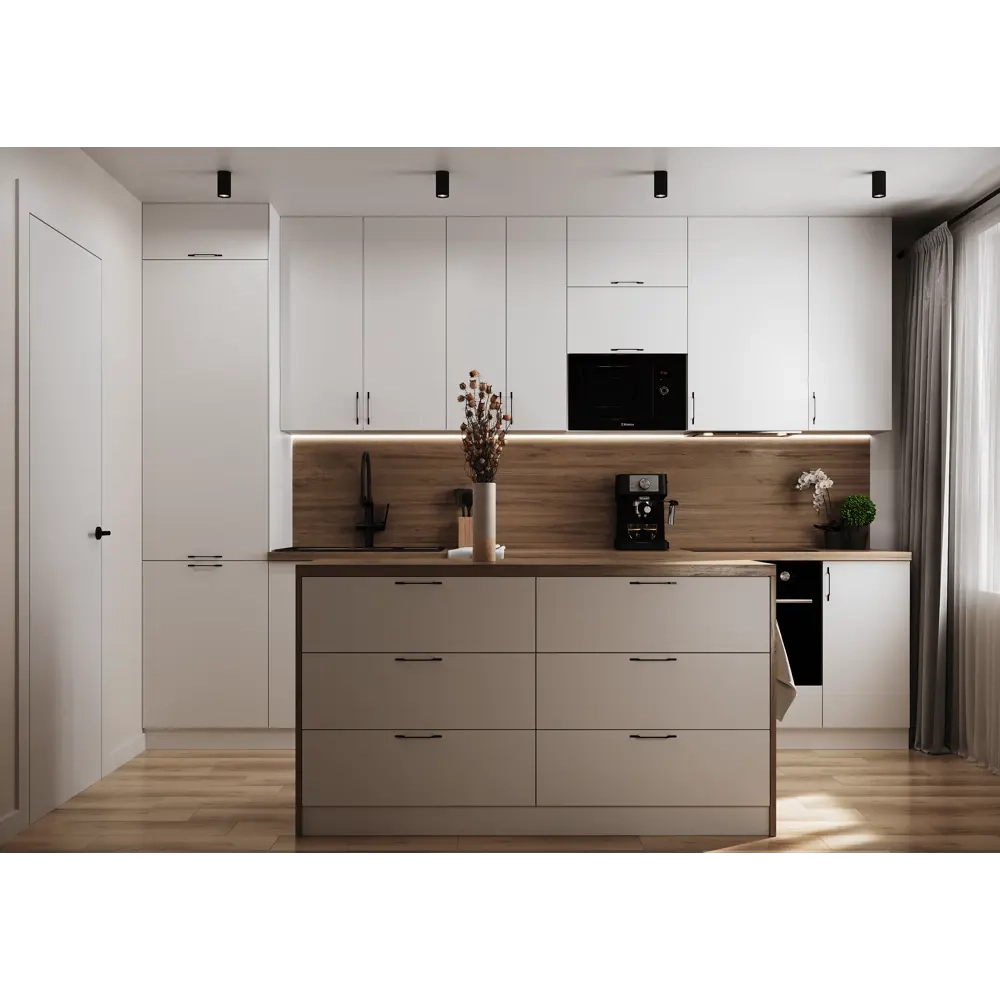 Tủ bếp màu be kết hợp gỗ gần gũi tự nhiên