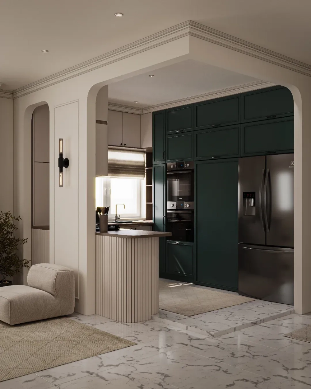 Phòng bếp tân cổ điển với đèn chùm pha lê sang trọng