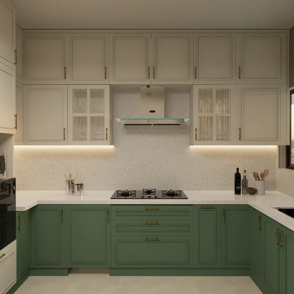 Thiết kế bếp tân cổ điển gỗ tự nhiên sơn màu xanh xám độc đáo