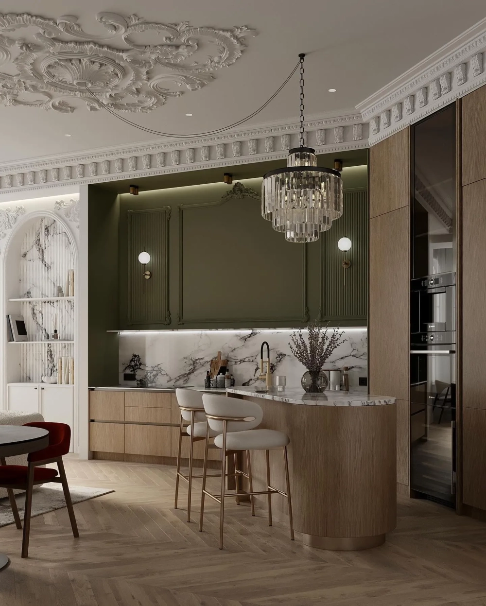 Mẫu bếp tân cổ điển kết hợp quầy bar mini hiện đại