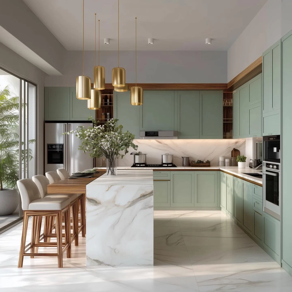 Mẫu bếp tân cổ điển có máy hút mùi trang trí nghệ thuật