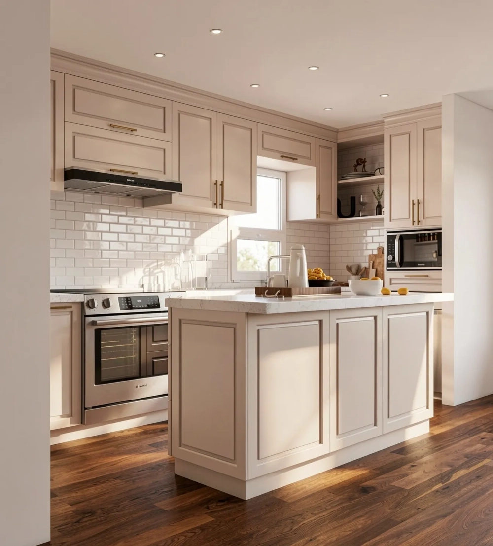 Mẫu bếp tân cổ điển chữ L màu trắng tinh khôi cho nhà phố