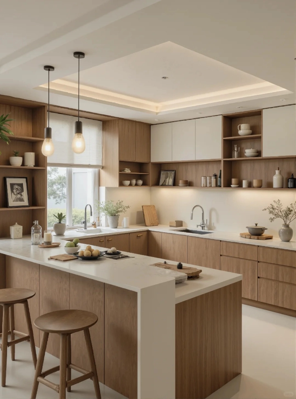 Bố trí quầy bar bếp hiện đại với đèn thả trần trang trí