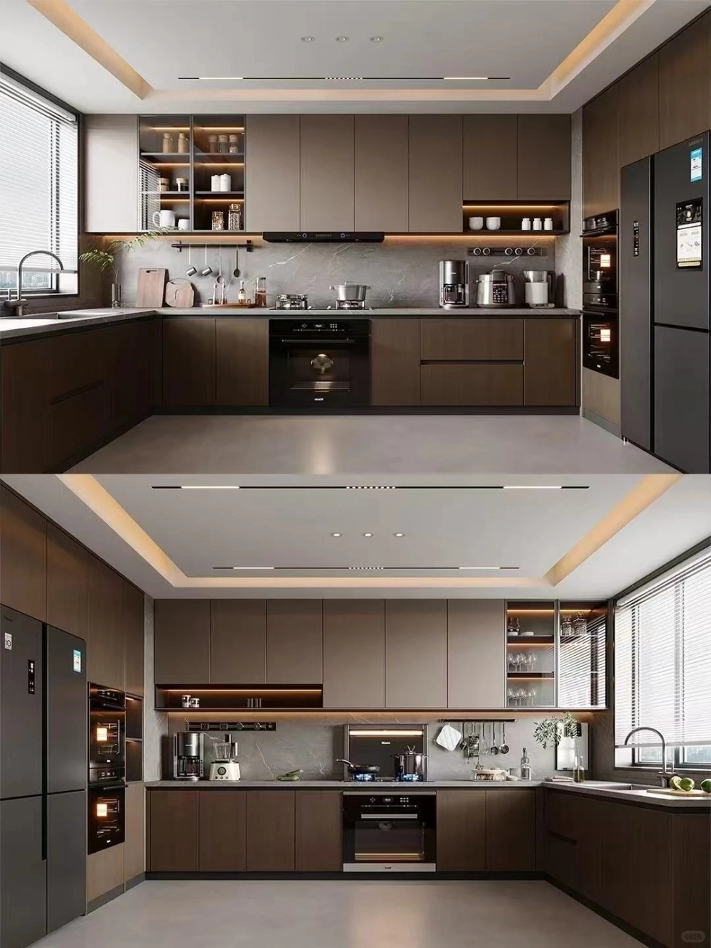 Thiết kế nội thất bếp với tủ bếp gỗ cao cấp màu xám hiện đại