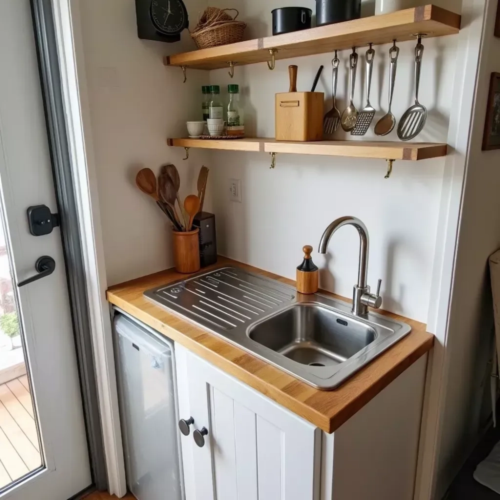 Mẫu tủ bếp mini có bồn rửa tích hợp bếp nấu hiện đại cho căn hộ studio