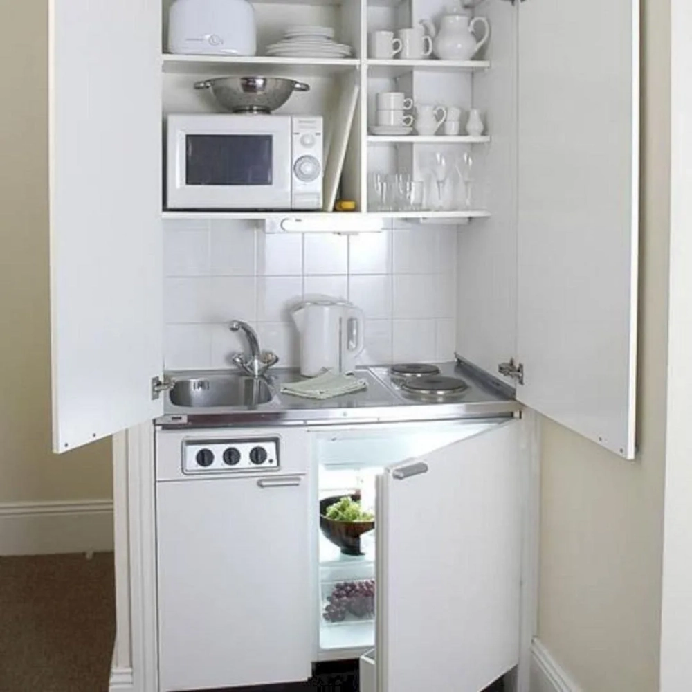 Tủ bếp mini có bồn rửa màu vân gỗ tự nhiên ấm cúng